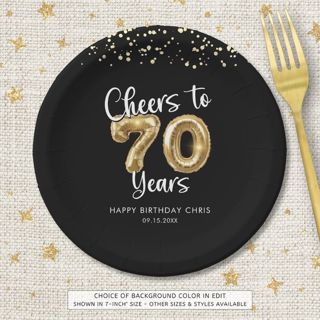 70th Birthday Cheers to 70 Years Black Gold Paper Plate (Creator Uploaded)