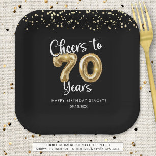 70th Birthday Cheers to 70 Years Black Gold Paper Plate