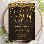 70th Birthday - Cheers To 70 Years Gold Wood Invitation<br><div class="desc">70th Birthday Invitation. Cheers To 70 Years! Rustic design features dark brown wood pattern,  champagne glasses,  script font and confetti. Perfect for a stylish seventieth birthday party. Personalise with your own details. Can be customised to show any age.</div>