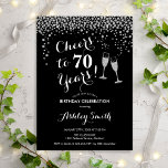 70th Birthday - Cheers To 70 Years Silver Black Invitation<br><div class="desc">70th Birthday Invitation. Cheers To 70 Years! Elegant design in black,  white and silver. Features champagne glasses,  script font and confetti. Perfect for a stylish seventieth birthday party. Personalise with your own details. Can be customised to show any age.</div>