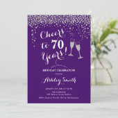 70th Birthday - Cheers To 70 Years Silver Purple Invitation (Standing Front)