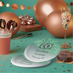 70th Birthday Chic Falling Green Glitter Paper Plate