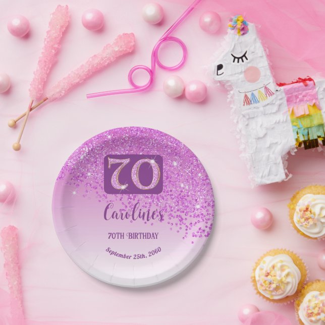70th Birthday Chic Falling Pink Glitter Paper Plate (Party)