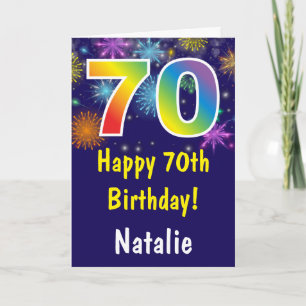 70th Birthday Colorful Rainbow Fireworks Navy Blue Card