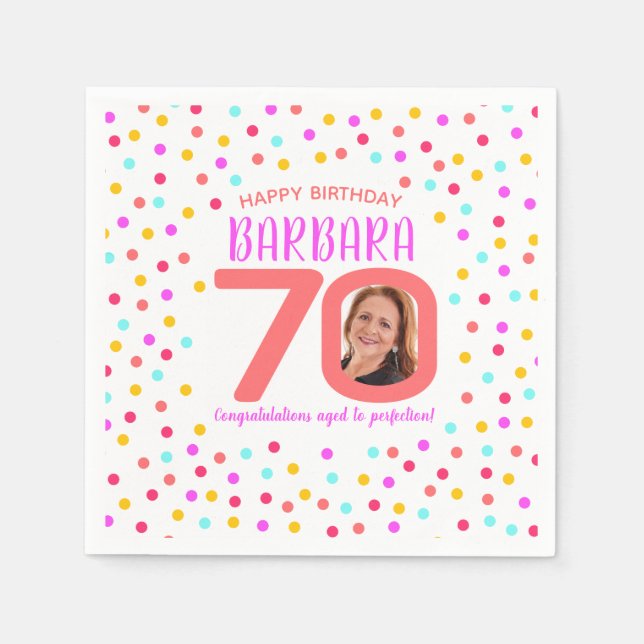 70th birthday colourful coral confetti custom phot napkin (Front)