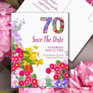 70th Birthday Colourful Floral Garden Save the Dat Announcement Postcard