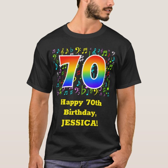 70th Birthday: Colourful Music Symbols, Rainbow 70 T-Shirt (Front)