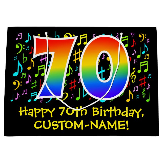 70th Birthday - Colourful Music Symbols, Rainbow 7 Large Gift Bag (Front)