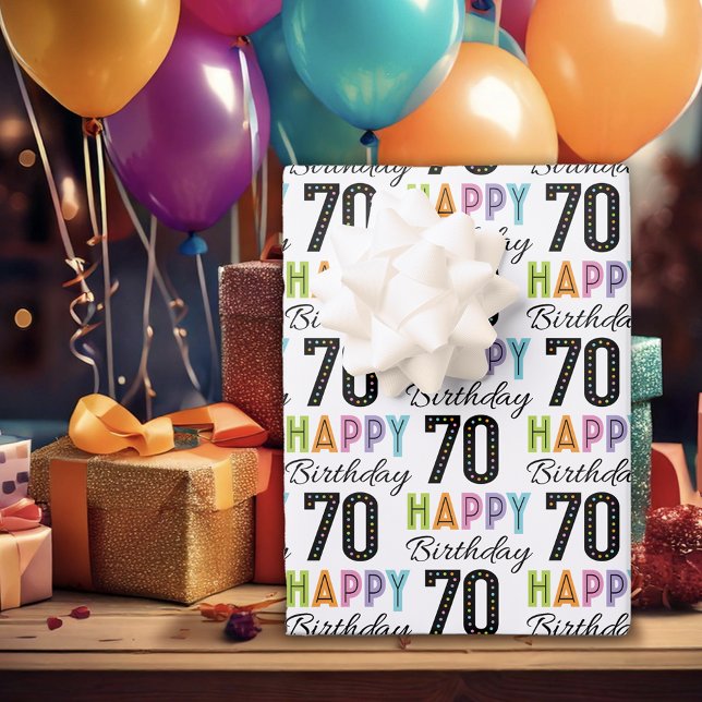 70th Birthday Colourful Typography  Wrapping Paper (Creator Uploaded)