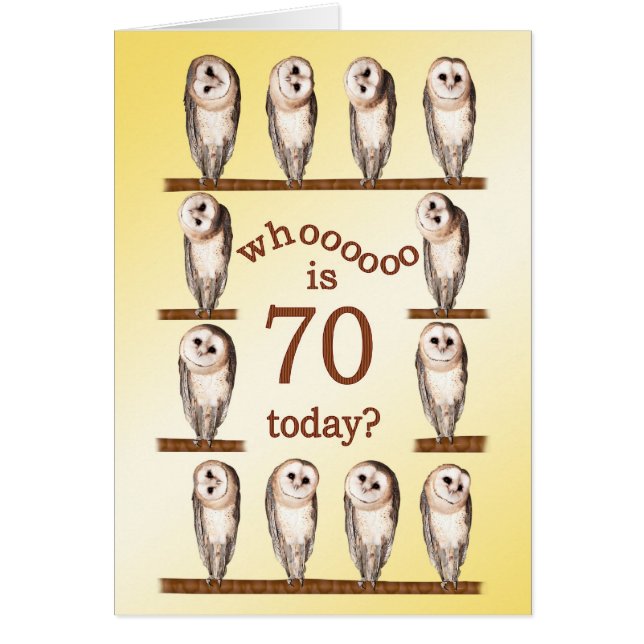 70th birthday, Curious owls card. (Front)