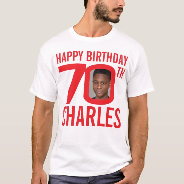 70th birthday custom name and photo template red T-Shirt (Front)