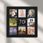 70th birthday custom photo collage family black square wall clock<br><div class="desc">A wall clock as a gift for a 70th birthday for a guy,  celebrating his life with a collage of 8 of your own photos.  Personalize and add age 70,  and a date.  Date of birth or the date of the anniversary.  White colored letters.  Black background.</div>