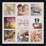 70th birthday custom photo collage rose gold name faux canvas print<br><div class="desc">A unique 70th birthday gift or keepsake, celebrating her life with a collage of 8 of your photos. Add images of her family, friends, pets, hobbies or dream travel destination. Personalise and add a name, age 70 and a date. Grey and dark rose gold coloured letters. A chic black background....</div>
