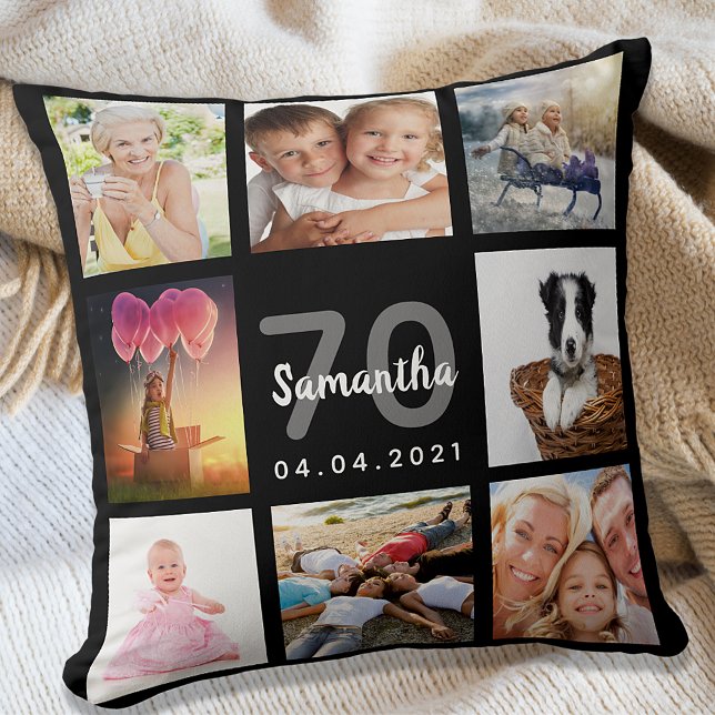 70th birthday custom photo collage woman black cushion (Creator Uploaded)