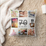 70th birthday custom photo collage woman white cushion<br><div class="desc">A unique gift for a womans 70th birthday, celebrating her life with a collage of 8 of your own photos, pictures. Personalise and add her name, age 70 and a date. A chic white background. Grey and black letters and numbers. The name is written with a modern hand lettered style...</div>