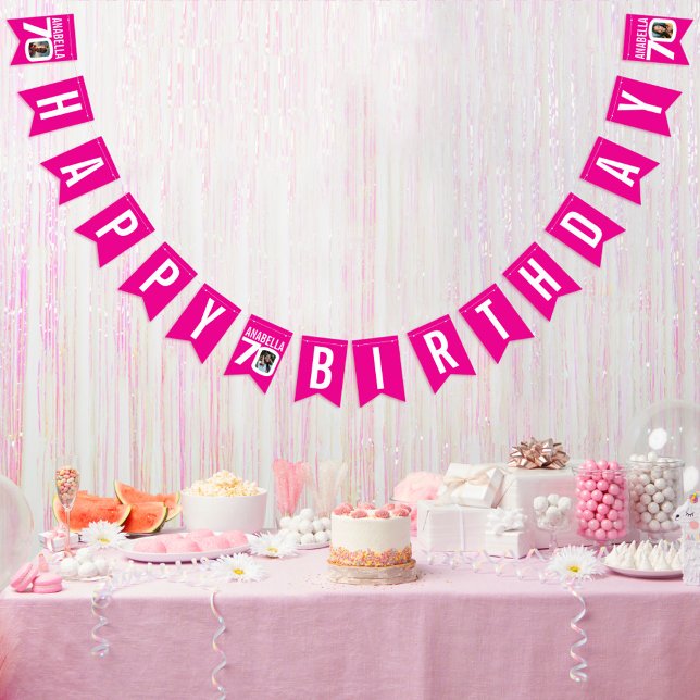 70th Birthday custom photo pink white Bunting (Creator Uploaded)