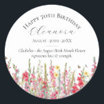 70th Birthday Custom Sticker August Birth Flower<br><div class="desc">Perfect personalised sticker for an August birthday party. Pink gladiolus is the birth flower for that month. It forms a pretty watercolor bottom border on this floral personalised birthday sticker. The birthday guest of honour's name, age and birthdate are placed above it using elegant calligraphy and typography. All text is...</div>