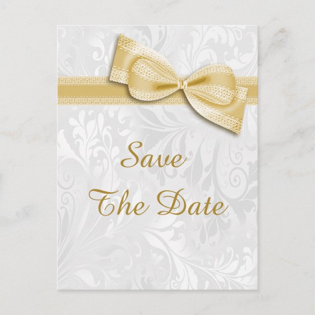 70th Birthday Damask and Faux Bow Save The Date Announcement Postcard (Front)