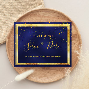 70th birthday dark blue gold save the date postcard