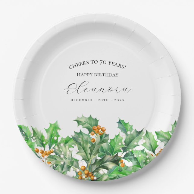 70th Birthday December Birth Flower Holly Custom Paper Plate (Front)