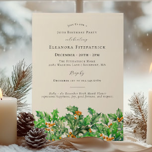 70th Birthday December Birth Month Flower Holly Invitation