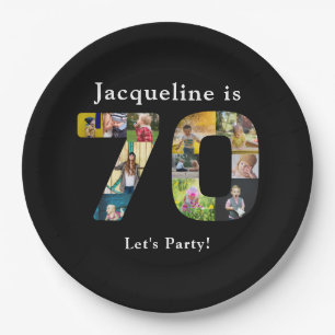 70th Birthday Design Your own Photo Collage Black Paper Plate