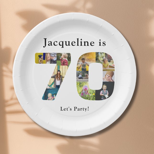 70th Birthday Design Your own Photo Collage Paper Plate (70th birthday personalized paper plates with family photos collage template.)