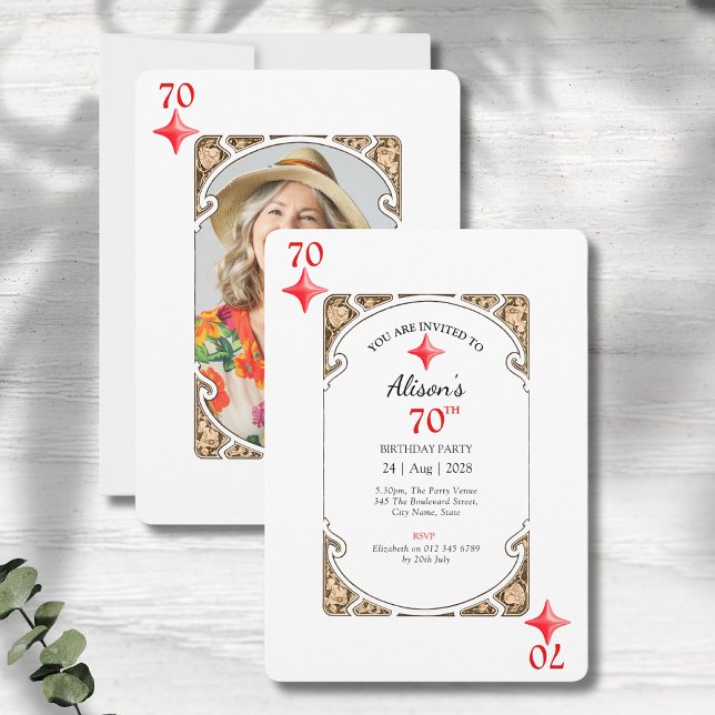 70th Birthday Diamond Playing Card Invitation (70th birthday party invitations in an art deco playing card style on a grey wood background)