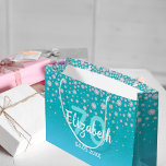 70th birthday diamonds glitter on teal blue green large gift bag<br><div class="desc">An elegant and glamourous 70th birthday gift bag. Teal, blue green gradient coloured faux glitter with faux diamond sprinkle. Templates for a name, age 70 and a date. Date of birth or the date of the party/anniversary. White and teal coloured letters. The name is written with a hand-lettered style script....</div>