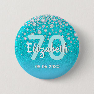 70th birthday diamonds glitter teal blue green 6 cm round badge