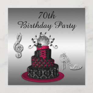 70th Birthday Disco Diva Cake and Sparkle Heels Invitation