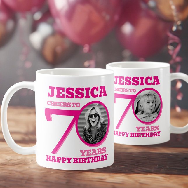 70th Birthday doubled sided photo name pink text Coffee Mug (Creator Uploaded)