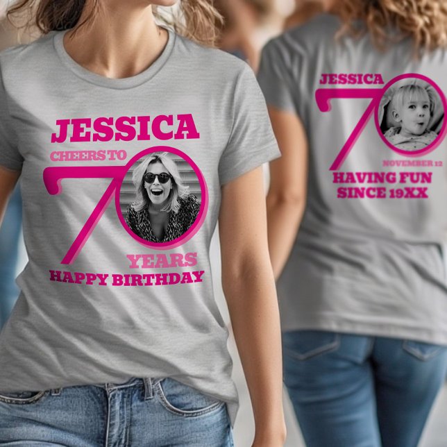 70th Birthday doubled sided photo name pink text T-Shirt (Creator Uploaded)