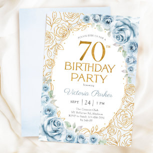 70th Birthday Dusty Blue Gold Floral Feminine Invitation