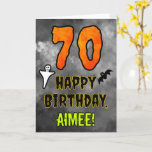 70th Birthday: Eerie Halloween Theme   Custom Name Card<br><div class="desc">The front of this spooky and scary Hallowe’en themed birthday greeting card design features a large number “70”. It also features the message “HAPPY BIRTHDAY, ”, and an editable name. There are also depictions of a ghost and a bat on the front. The inside features a personalised birthday greeting message,...</div>