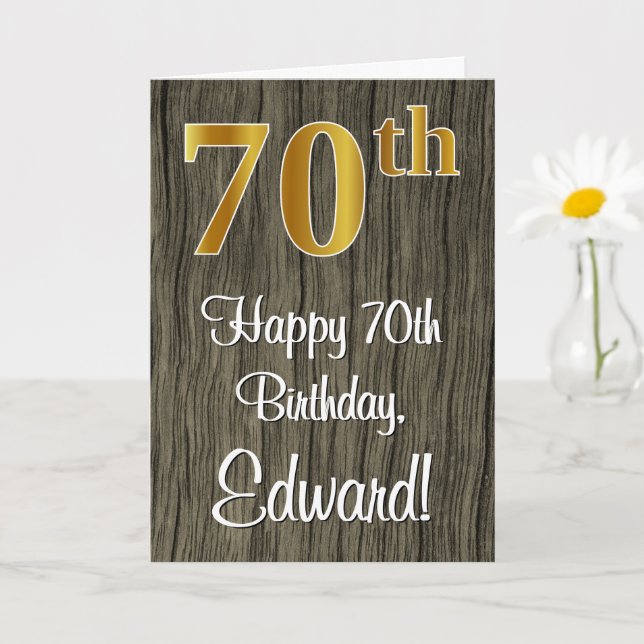 70th Birthday: Elegant Faux Gold Look #, Faux Wood Card (Small Plant)