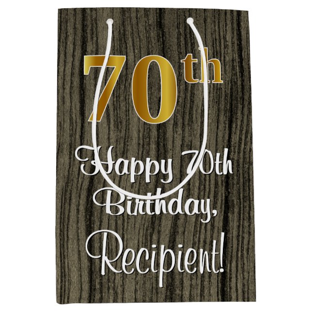 70th Birthday: Elegant Faux Gold Look #, Faux Wood Medium Gift Bag (Front)