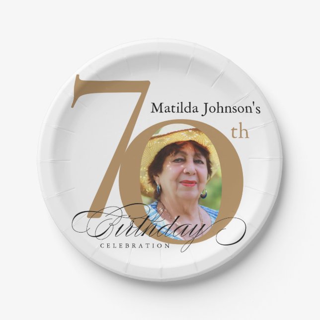 70th Birthday Elegant Gold White Calligraphy Photo Paper Plate (Front)
