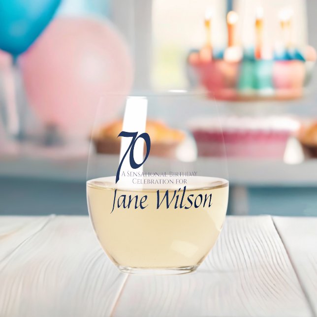 70th Birthday Elegant Navy Modern Script Stemless Wine Glass (Insitu (Baby Shower))