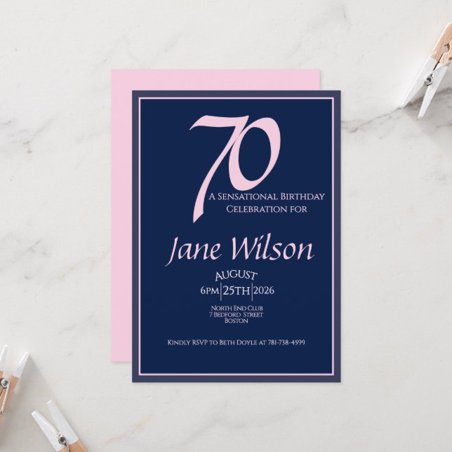 70th Birthday Elegant Pink, Navy Modern Script Invitation (Front/Back In Situ)