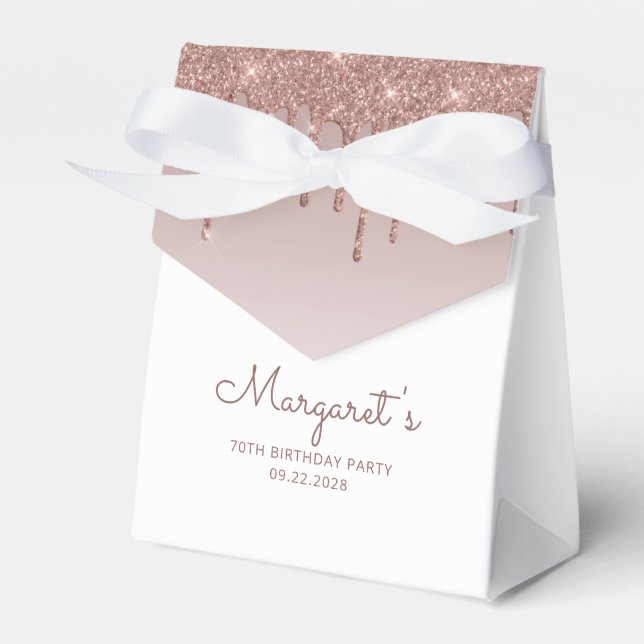 70th Birthday Elegant Rose Gold Glitter Drip Favour Box (Front Side)