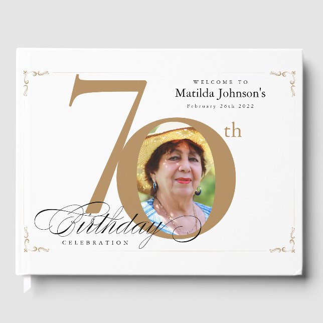 70th Birthday Elegant White Gold Calligraphy  Guest Book (Front)