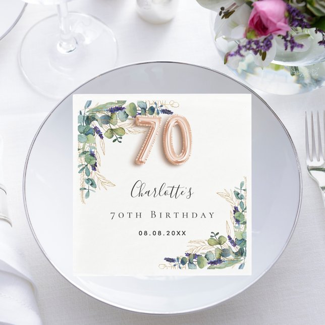 70th Birthday eucalyptus greenery name Napkin (Creator Uploaded)