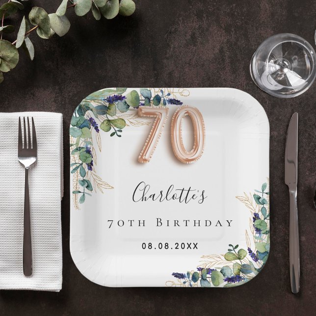 70th Birthday eucalyptus greenery name Paper Plate (Creator Uploaded)