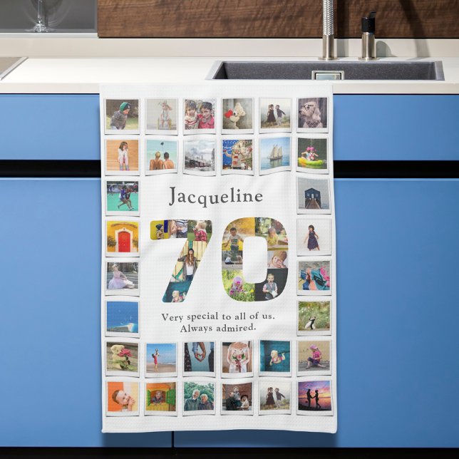 70th Birthday Family Photo Template Tea Towel (70th birthday family photo template collage kitchen towel.)