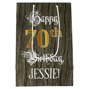 70th Birthday: Faux Gold Look & Faux Wood Pattern Medium Gift Bag