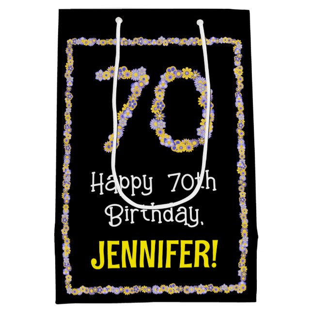 70th Birthday: Floral Flowers Number, Custom Name Medium Gift Bag (Back)