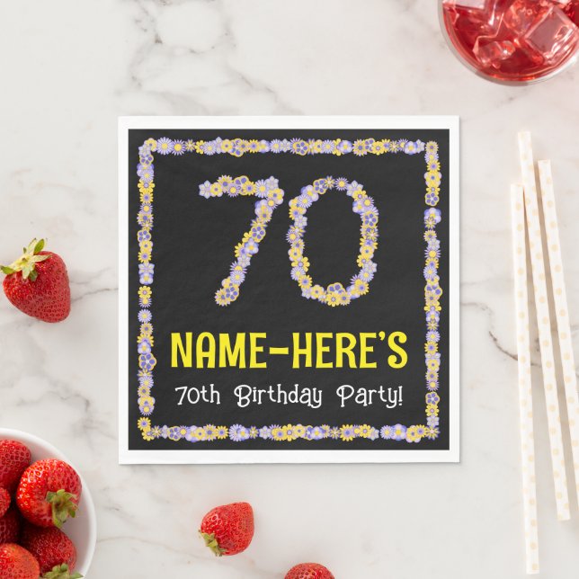 70th Birthday: Floral Flowers Number, Custom Name Napkin (Insitu)