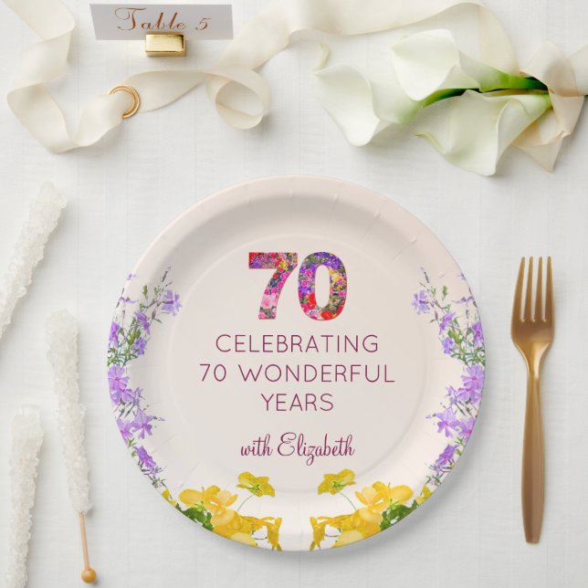 70th birthday floral modern 70 years party elegant paper plate (Wedding)
