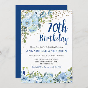 70th Birthday Floral Navy Blue Gold Glitter Dots Invitation